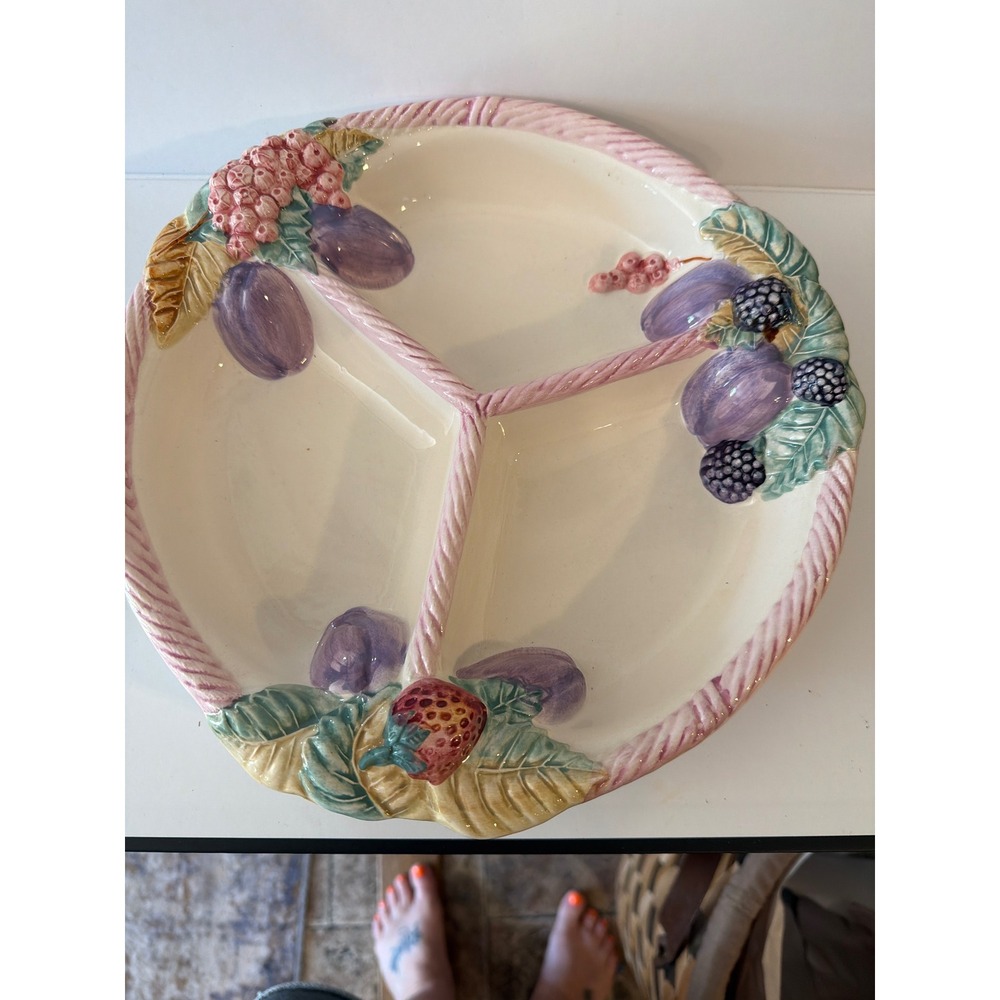Neuwirth Portugal Ceramic Fruit Divided Serving Platter Pink Basketweave 12.5in